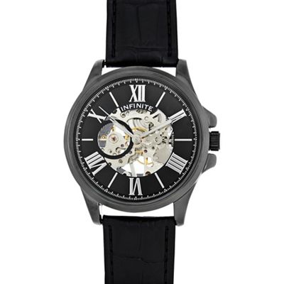 Men's black leather skeleton watch